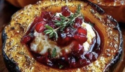 Honey-Glazed Acorn Squash with Creamy Goat Cheese and Cranberry Drizzle